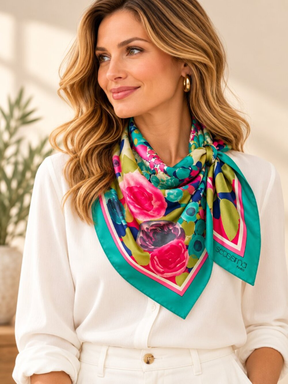 Setissima Paris Floral Garden Square Scarf Teal Pink 32"